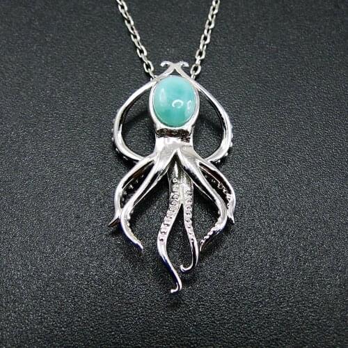 Hot Selling 925 Sterling Silver Sea Life Animals Natural Dominica Larimar Octopus Pendant Neckalce For Women