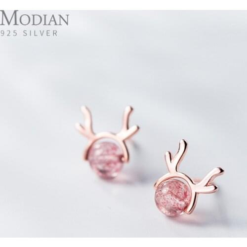 Modian Pink Strawberry Crystal Lady Stud Earrings for Women 925 Sterling Silver Tiny Deer Earrings for Girl Gfits New Design