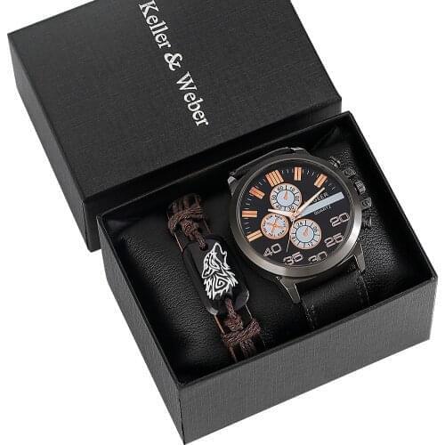 Fashion Braided Chains Mens Bracelet Watch Present Set Brown Man Classic Black Quartz Leather Clock Gifts Box for BF Boyfriend