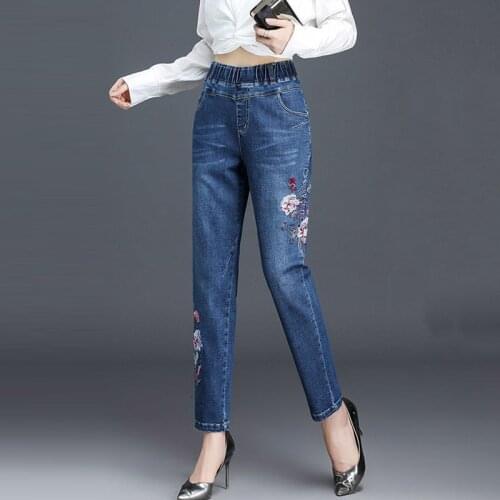 Fashion Flower Embroidery Loose Moms Jeans Plus Size Elastic Waist Denim Harem Pants Women Vintage Washed Denim Trousers