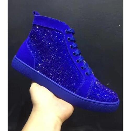 Moraima Snc Newest Blue Crystal Embellished Men Casual Shoes High Quality leather Lace-up high Top Sneakers Round Toe Flat Shoes