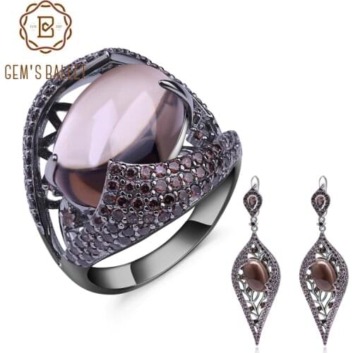 GEMS BALLET Natural Smoky Quartz Vintage Gothic Jewelry Sets 100% 925 Sterling Silver Earrings Ring Set For Women Fine Jewelry