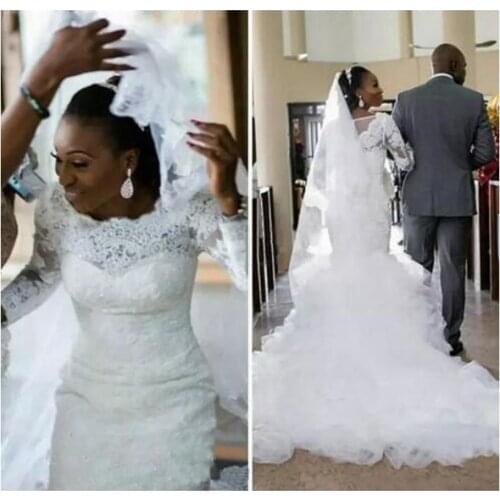 African Newest Mermaid Wedding Dress Long Sleeve Lace Wedding Gown Fashion Bridal Dresses Gown