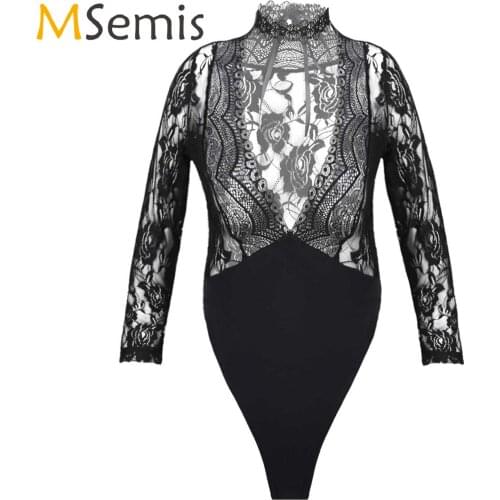 Sexy Womens See Through Lace Bodysuit Erotic Lingerie Clubwear Sleepwear Deep V Neck High Cut Jumpsuit Underwear with Neck Ring