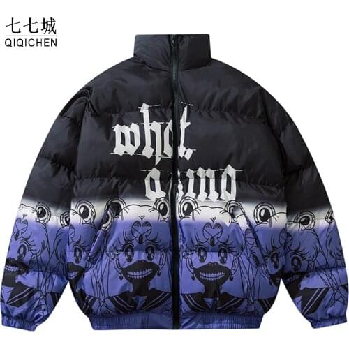 Anime Girl Down Parka Jacket Men Women Gradient Japanese Harajuku Parkas Oversizd Stand-up Collar Coat Winter Warm Outwear 2021