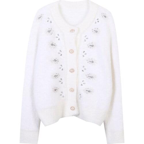 High Quality Runway Luxuyr Whiter Sweater 2020 New Fashion Elegant Beaded Thick Loose White Knit Cardigan Coat Christmas Jacket