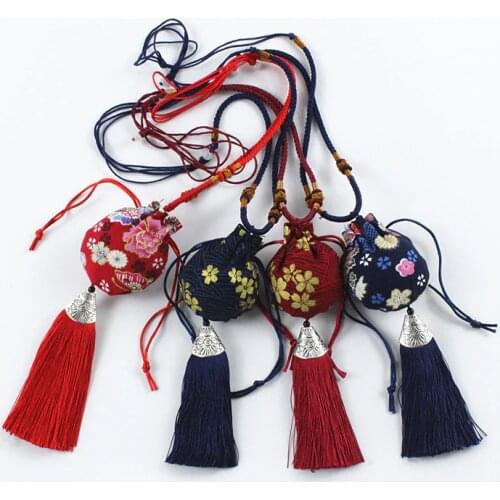 Sakura Flower Sachet cotton linen empty bag long rope neck hanging Sachet pouch blessing bag pendant