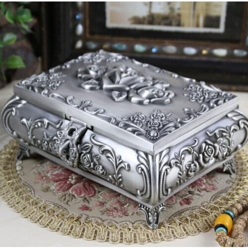 Size L - Vintage Jewellery Case Fashion Jewelry Box Zinc-alloy Metal trinket box Carved Flower Rose Square Shaped