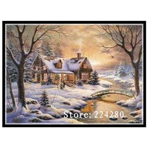 Needlework,Embroidery,DIY Cross stitch,Christmas Cottage Pattern 14CT white canvas counted Cross-Stitching Home Decor Crafts