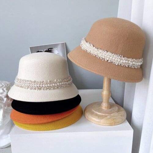 Japan New Wool Top Hats For Women Fashion Street Lolita Hat Pearl Decoration Basin Bucket Hat Cloche Hat Sombrero Mujer Fedora