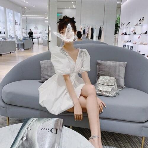 Women Dresses White Puff Sleeve V-neck Dress For Women Summer Girls Dress Vestido De Mujer Femme Robe
