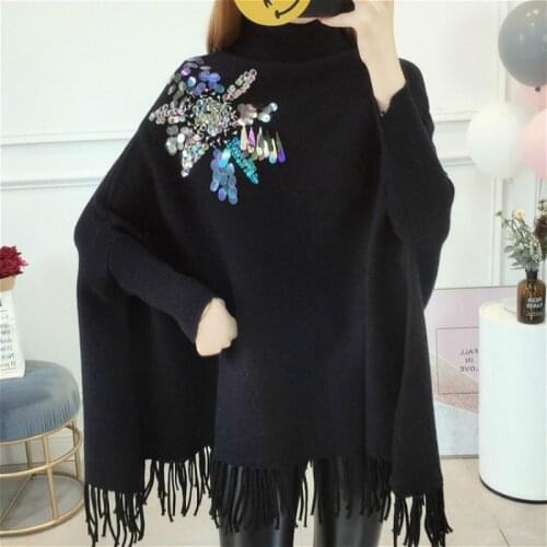 Women Pullovers Sweater Autumn Winter Luxury Brand Design Elegant Sequined Tassel Knitted Pullover Sweaters Loose Shawl Poncho