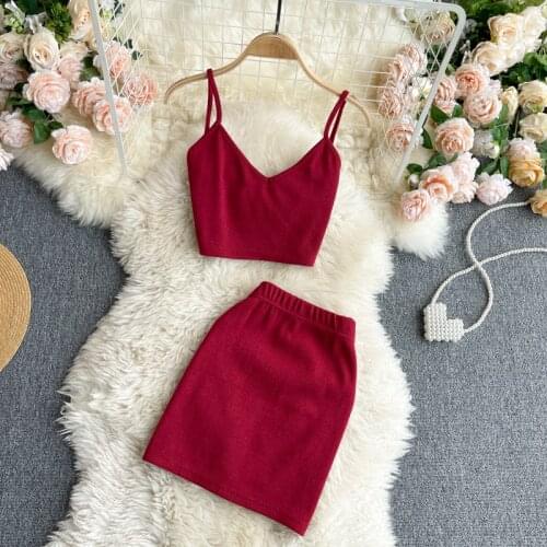 Sexy V-neck Backless Suspender Top + High Waist Hip Skirt Women Vintage Suit New 2021 Summer Fashion Ladies Solid Two Piece Set