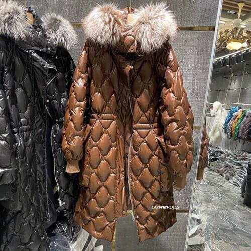 2021 New High Quality Women Down Coats Real Fur collars adjustable Waist Winter Warm Long White Down Jackets Casual Outerwear