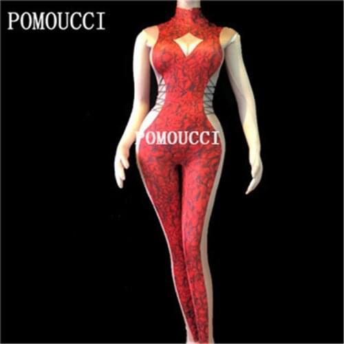 2020 Womens New Red 3D Printed Long Sleeve Sexy Jumpsuit Female Singer Dance Costume Stage Nightclub Birthday Show Bodysuit