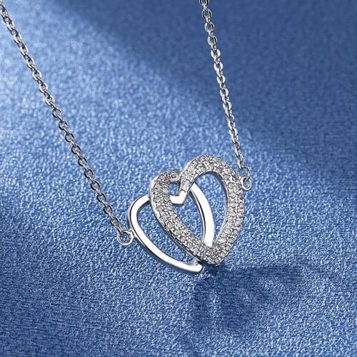 BAC25 Heart Women Jewelry Silver Chain Necklace Double Love Heart Necklace for Women Silver Necklace