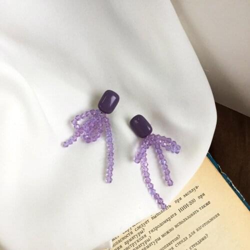 Purple Crystal Tassel Bowknot Clip Earrings Korean Beautiful Beads Long Earrings