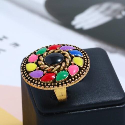 New Bohemian Adjustable Ring Unique Big Round Multi color Enamel Engagement Rings For Women Afghan Gypsy Indian Jewelry Gifts