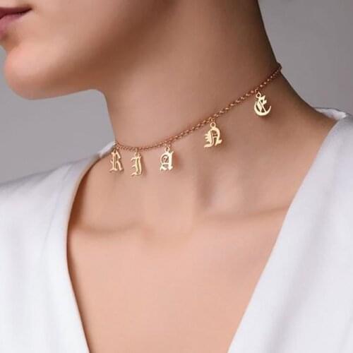 HUHUI Custom Old English Initial Letter Necklace Personality Space Letter Pendant Stainless Steel Choker Women Jewelry Best Gift