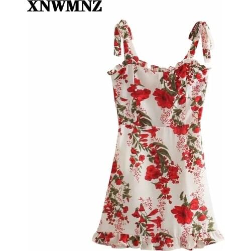 XNWMNZ mini dress Slim Ruffles women Dress Sexy Floral Print White Dresses Vintage Adjust spaghetti strap vestidos 2021