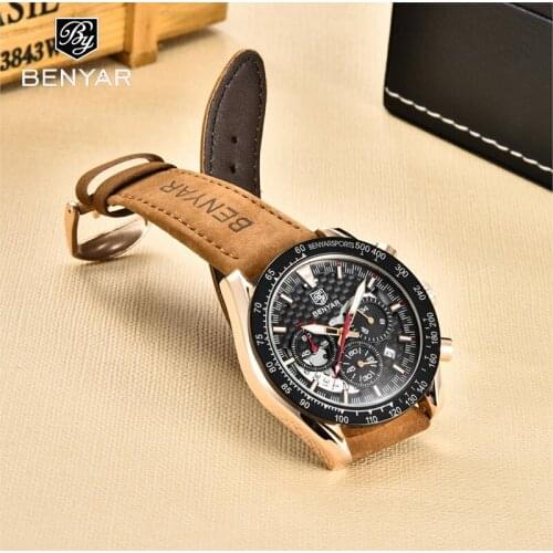 2021 Benyar Design New Top Luxury Mens Business Quartz Watch Multi-function Calendar Waterproof Leather Time Code Table Relogio