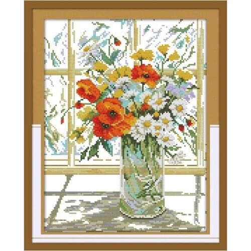 On windowsill cross stitch kit flower 18ct 14ct 11ct count printed canvas stitching embroidery DIY handmade needlework