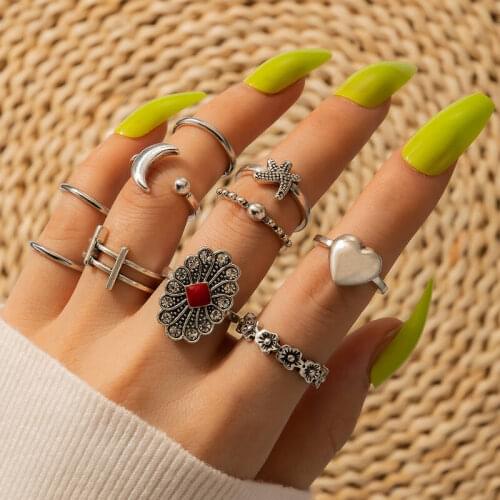 10Pcs/Set Vintage Carved Joint Ring Set Starfish Love Heart Flower Moon Opening Ring For Women Jewelry Gift