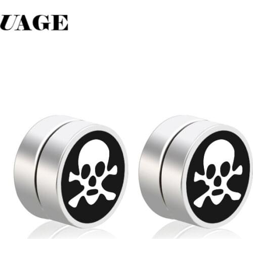 UAGE 1 Pair Punk Pirate Skull Mens Strong Magnet Magnetic Ear Stud Non Piercing Fake Earrings for Boy Girl Earring Stud