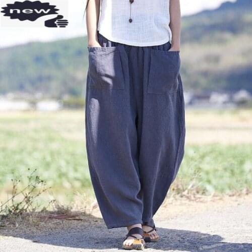 Womens Harem Bloomers Baggy Linen Cotton Leisure Pockets Loose Solid Striaght Pants Female Retro Long Trousers