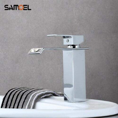 Modern Brass Square Waterfall Bathroom Sink Faucets Silver Color Basin Water Tap Mixers With Chrome Finish 1209C