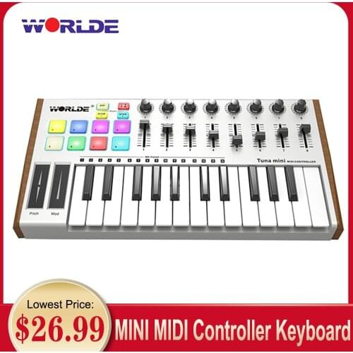 WORLDE TUNA MINI Ultra-Portable 25-Key USB MIDI Keyboard Controller 8 RGB Backlit Trigger Pads with Pedal Jack MIDI keyboard