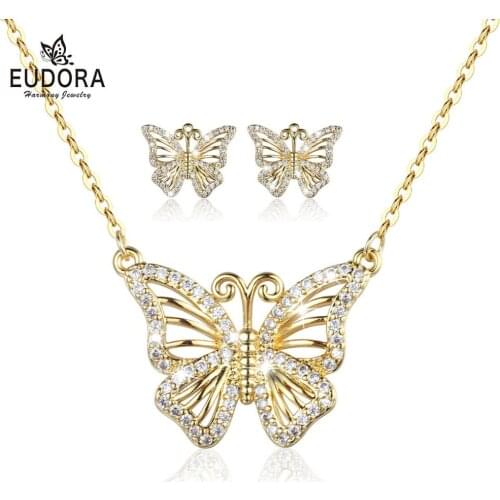 Eudora 925 Silver butterfly Jewelry Set butterfly chain Necklace Sterling Silver butterfly stud Earring with box birthday gift
