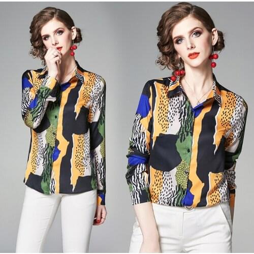 Wholesale Spring Summer Fall Runway Vintage Print Collar Long Sleeve Turn-Down Neck Womens Party Casual OL Top Shirt Blouse