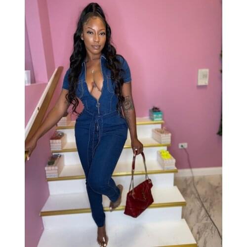VAZN 2021 New Denim Jumpsuits Solid High-end Office Lady Sexy Young Sweet Simple Short Sleeve Women Slim Pencil Jumpsuits