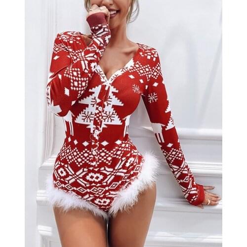 Women Rompers christmas tree Knitted Jumpsuit V-neck long sleeve festival clothing Jumpsuit Female bodycon Sexy Playsuit