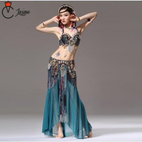 Stage Performance Women Dancewear Tribal Bellydance Outfit Set C/D Cup Coins Bra Skirts Belly Dance Costume 2pcs Bra Skirt