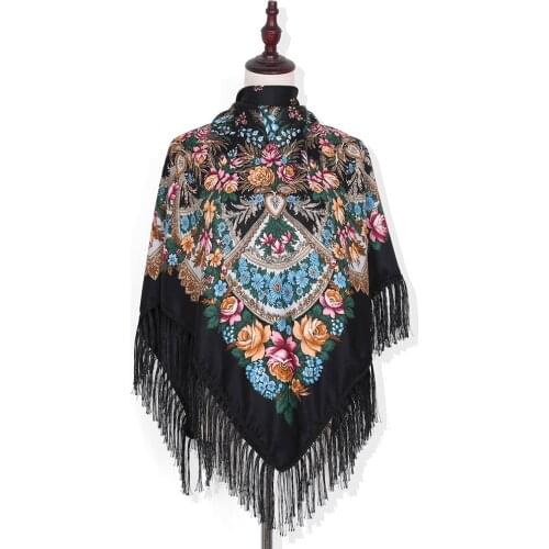 135*135cm Women Russian Style Big Square Scarf Blanket Fringed Shawl Retro Floral Printed Scarves Babushka Hijab Head Wraps