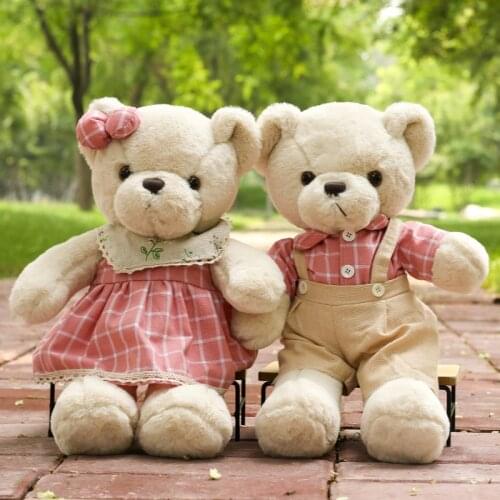 A Pair Couple Little Bear Plush Toys 40cm Pink Green Cute Wearing Clothes Little Bear Girls Holiday Gifts Girls Birthday Present