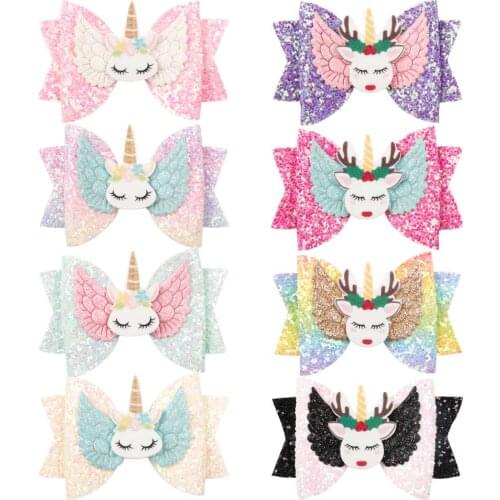 Ncmama 3 inch Hair Bows for Girls Glitter Unicorn Hair Clips Hairpin Princess Hairgrips Kids Hair Accessories Headwear
