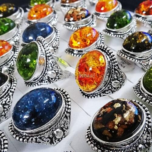 Freeshipping Hot Sale Christmas Gift 20pcs Big Vintage Amber Antique Silver Retro Womens Mens Rings Wholesale Jewelry Lots A844