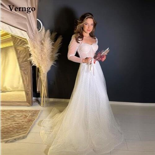 Verngo Elegant Dotted Tulle A Line Wedding Dress Long Sleeves Corset Sweetheart Sweep Train Bridal Dresses 2021 Robe de mariage