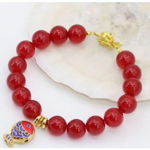 Elegant gold-color cloisonne 10mm round red jades beads strand bracelets stone chalcedony fashion fine diy jewelry 7.5inch B2723