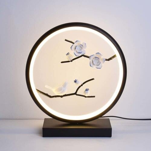 Chinese Zen Round Flower Bird Decor LED Desk Lamps Hotel Bedroom Bedside Lamp Wedding Room Table Light Fixtures Remote Control