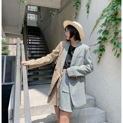 Suit net red small suit sets female 2021 autumn new suit contrast small suit jacket + plaid color matching skirt 2-piece set 107