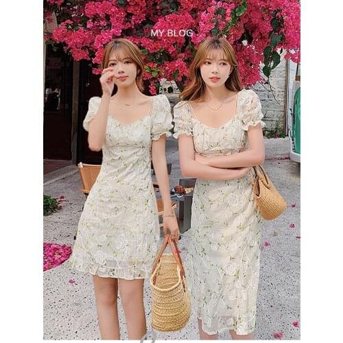 Summer Chiffon Elegant Sesy Dress Women Floral Sweet Casual French Square Collar Retro Female Puff Sleeve Party Holiday Dresses