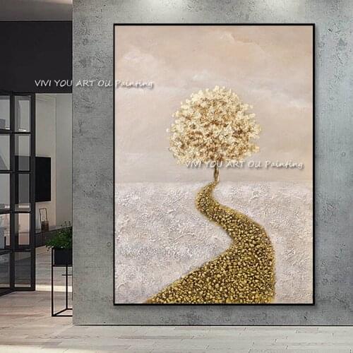 The Top Selling Nature Handmande Abstract Oil Painting Canvas Wall Art Picture For Home Decoration Golden Tree Road View Graph