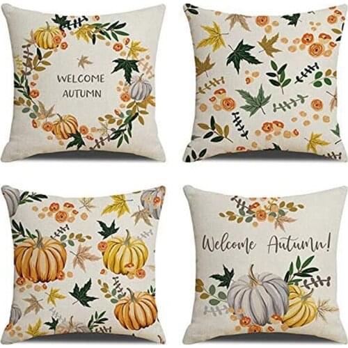 Pillow Covers 18X18 Inches Set of 4 Autumn Harvest Decorative Pillowcases Pumpkin Linen Square Throw Cushion Covers