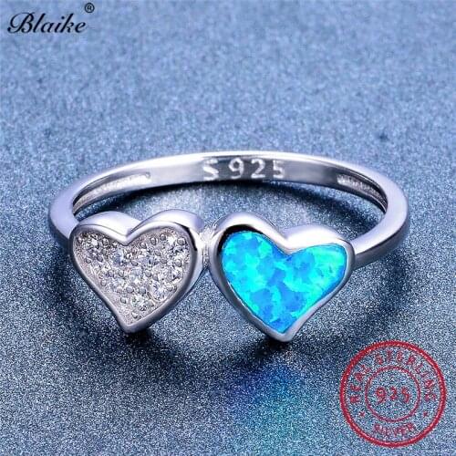 Blaike Charming Blue Fire Opal Double Heart Rings For Women 100% Genuine S925 Sterling Silver White Zircon Birthstone Ring Gifts