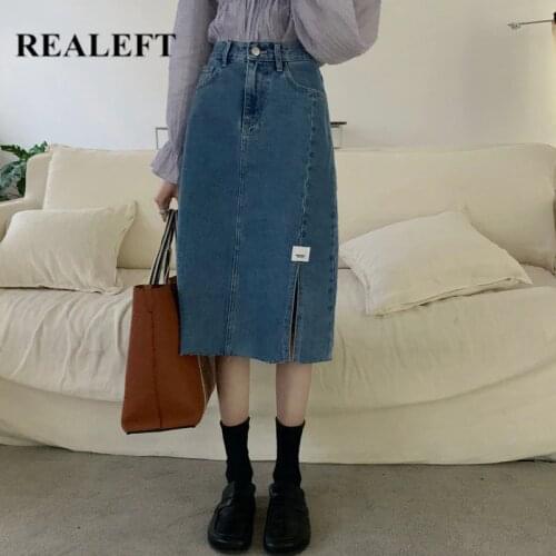 REALEFT 2021 New Spring Summer Irregular Womens Denim Skirts Vintage High Wasit Jeans Skirt Side Split A-line Midi Skirt Female