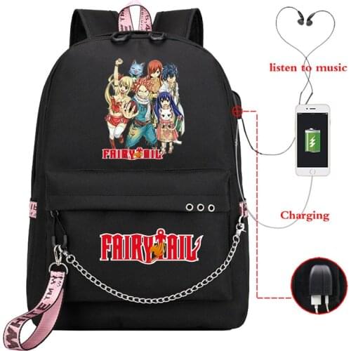 FAIRY TAIL Girls Backpack Teenager Bookbag Canvas USB Charging Backpacks Laptop School-Bags Travel Female Backpack Women Pink